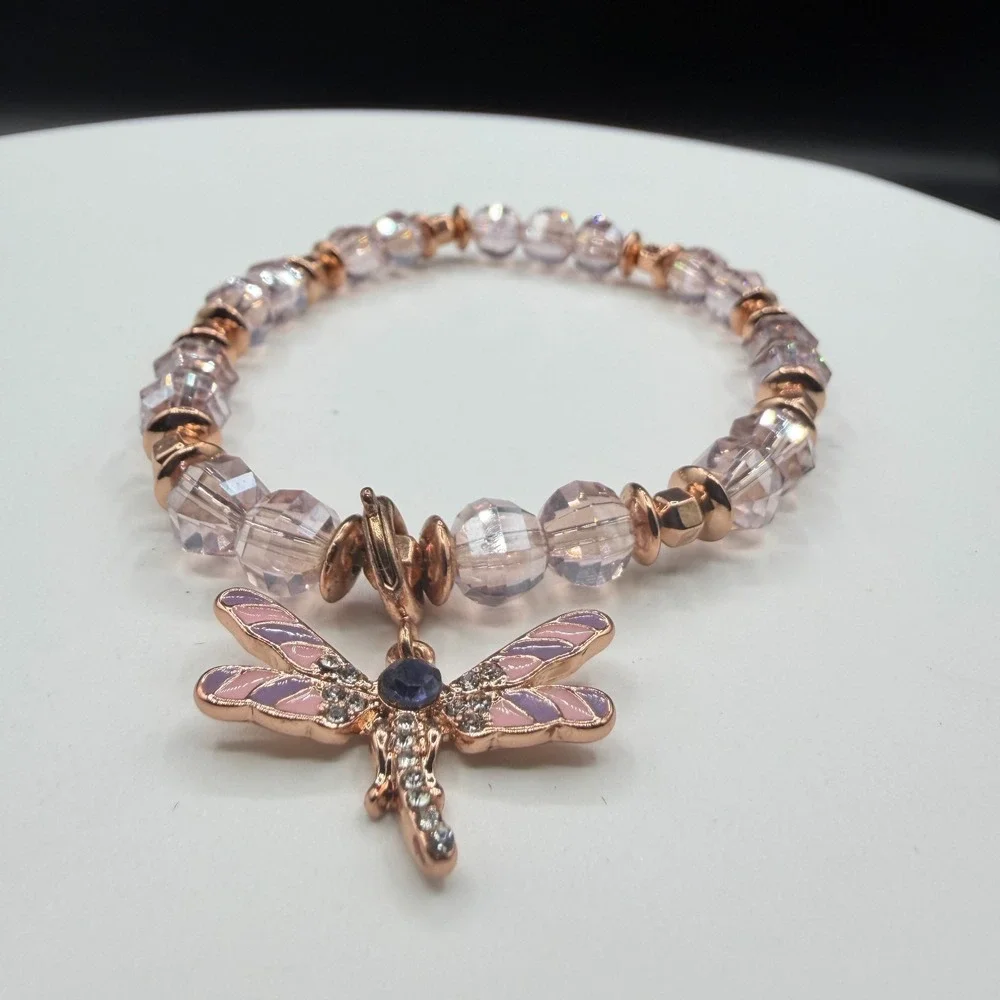 Rose Gold Tone Dragonfly Charm Beaded Stretch Bracelet Pink Crystal Boho Gift